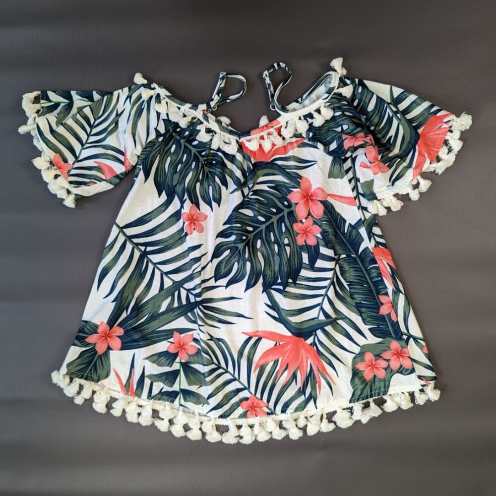Patpat Off the Shoulder Palm Print Leaf Fringe Trim Dress Sz 3-4Y New